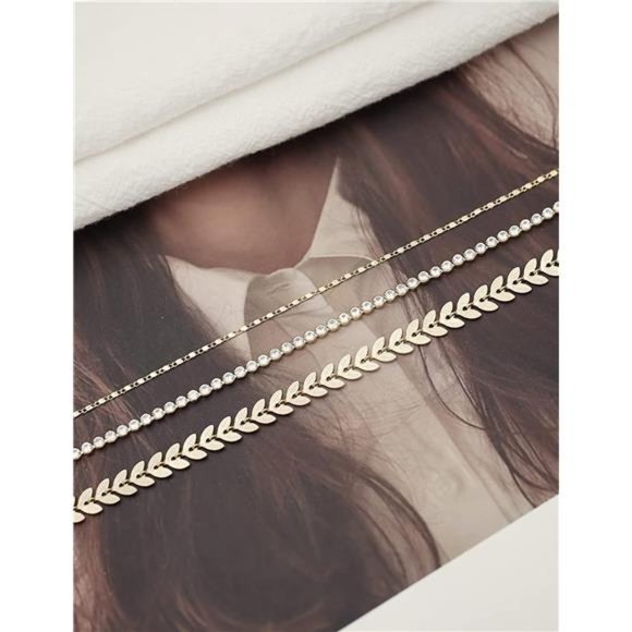 Dainty Gold Anklets Set, Cross Bead, Herringbone & Cubic Zirconia Chains - Picture 5 of 5